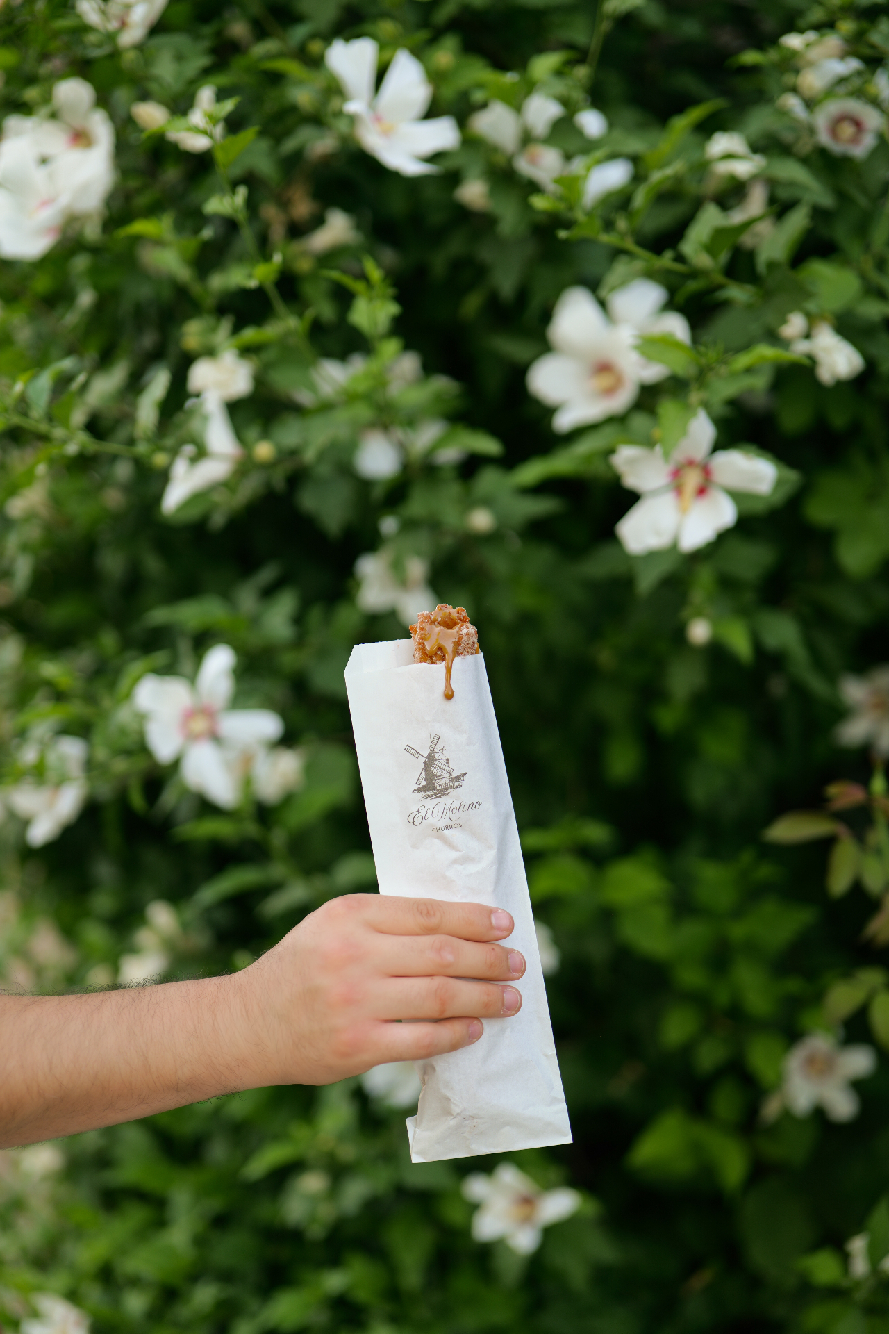 A caramel-dipped churro held against white hibiscus blooms