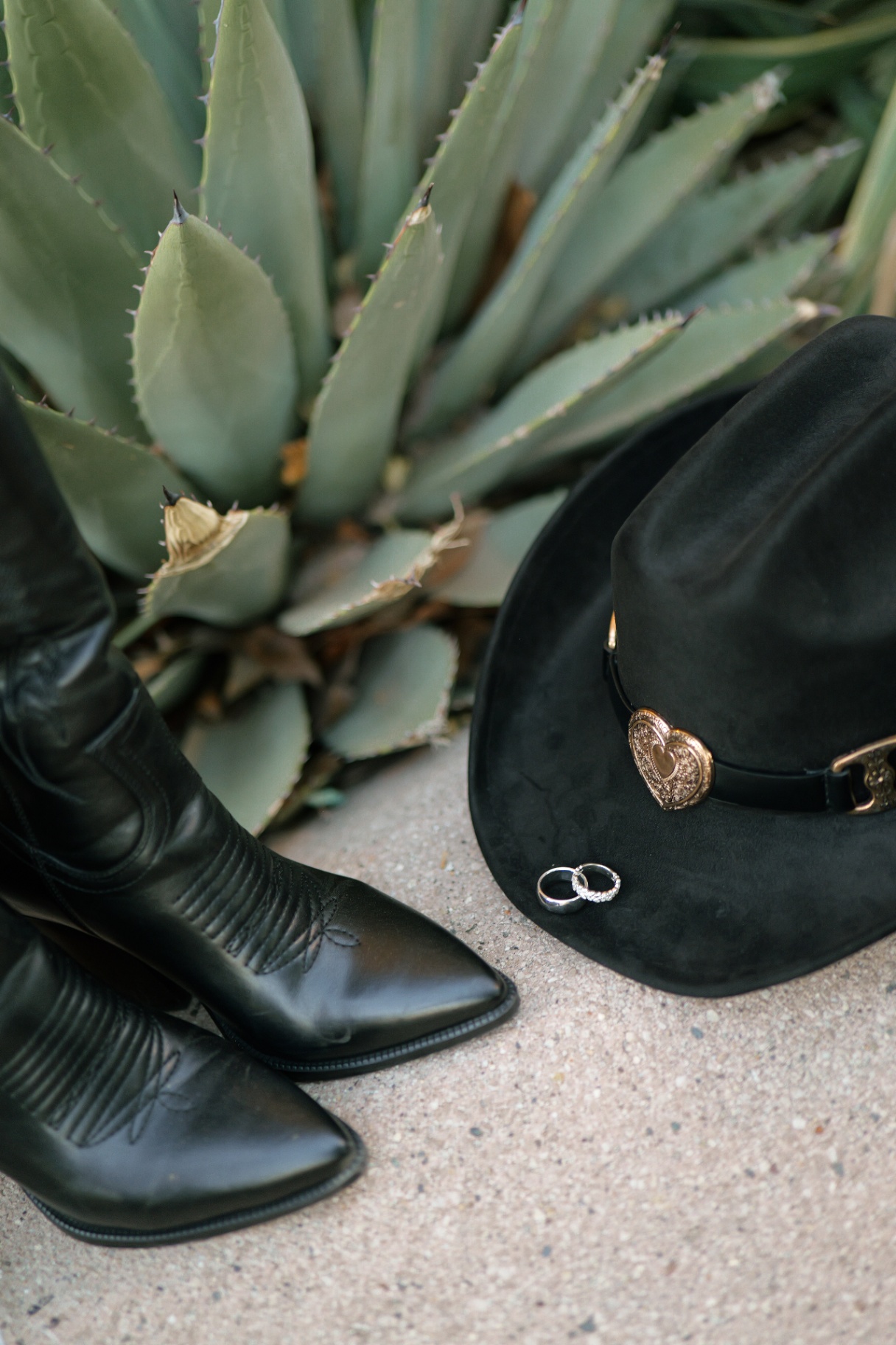 Cowboy boots, black hat and rings beside an agave