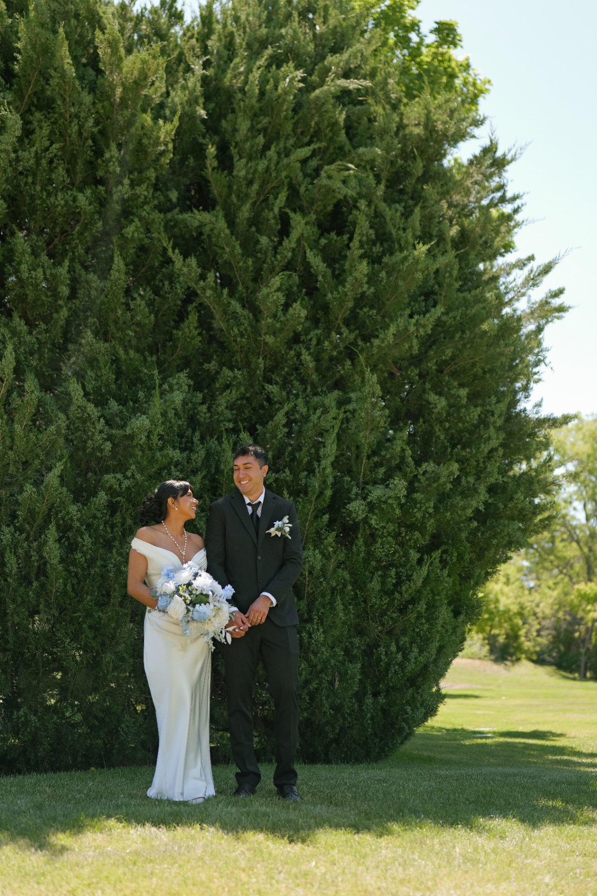 Bride and groom beside a tall cypress tree